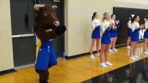 Brutus the Buffalo (Tanner Stockton) helps the CHS cheerleaders on the sideline of the game against Stone Memorial High School in Crossville, on Feb. 6.